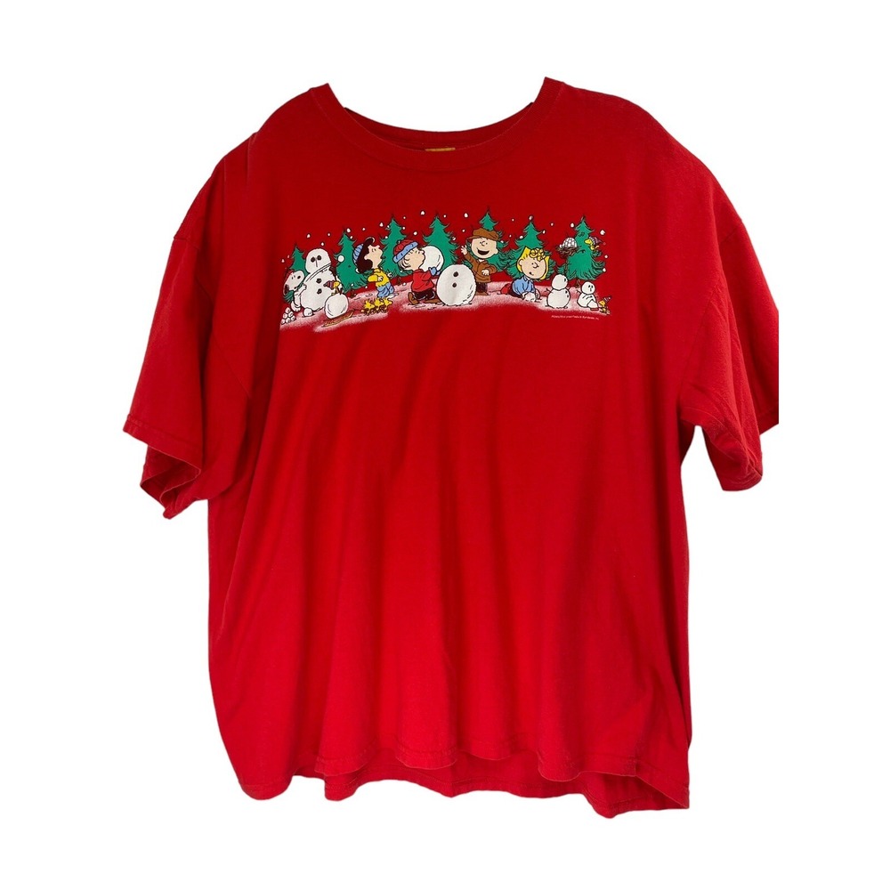 Peanuts Snoopy &friends Building Snowman Christmas Womens Sz XL Red TeeShirt(L20